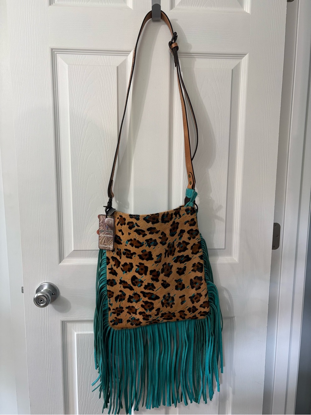 NWT American Darling Leopard Genuine Cowhide & Teal Leather Fringe Crossbody Bag